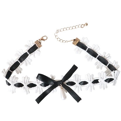Cloth Bowknot Choker Necklaces, with Imitation Pearl Beads