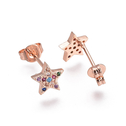 Brass Micro Pave Cubic Zirconia Stud Earrings, with Brass Ear Nuts, Star