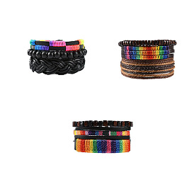 3Pcs 3 Style Leather & Wax Cord Braided Multi-strand Bracelets Set, Wood Round Beaded Stretch Stackable Bracelets for Women