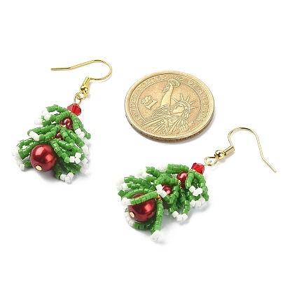 Seed & Imitation Pearl Christmas Tree Dangle Earrings, 304 Stainless Steel Earrings