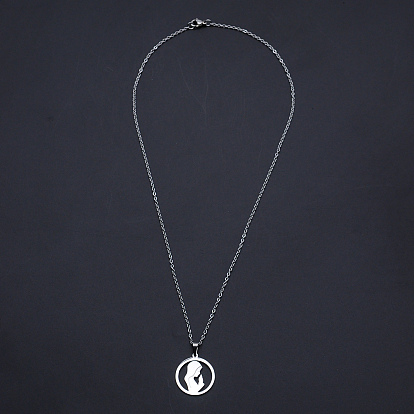 201 Stainless Steel Pendants Necklaces, with Cable Chains and Lobster Claw Clasps, Flat Round with Woman