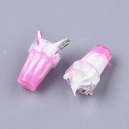 Resin Pendants, Imitation Ice Cream Bubble Tea Charms, with Platinum Tone Iron Loop and Polymer Clay