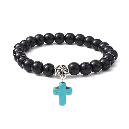 Bracelet extensible en perles rondes en pierre noire synthétique, avec breloques croix turquoise synthétique