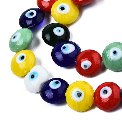Handmade Evil Eye Lampwork Beads Strands, Flat Round