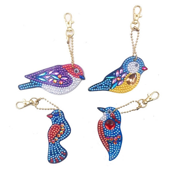 DIY Diamond Painting Keychain Kits, with Bird Shape Diamond Painting Mold, Rhinestone, Diamond Sticky Pen, Tray Plate and Glue Clay, Ball Chain Keychain and Swivel Clasp