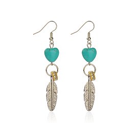 Long Dangling Howlite Heart Earrings for Women, with Antique Silver Feather Pendants, Iron Rhinestone Beads and Brass Earring Hooks, 55mm