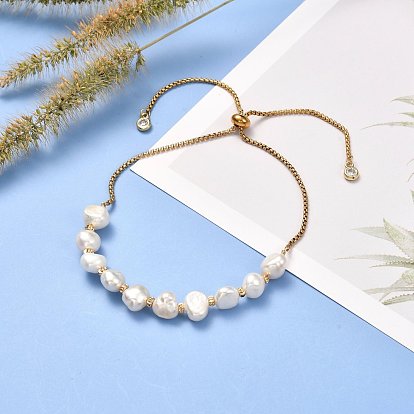 Natural Pearl Beads Adjustable Slider Bracelet for Girl Women Gift, Brass  Charms, 304 Stainless Steel Cubic Zirconia Box Chain Bracelet