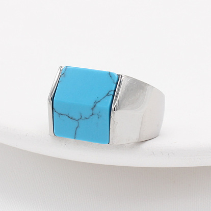 Rectangle Synthetic Turquoise Finger Ring, Titanium Steel Jewelry