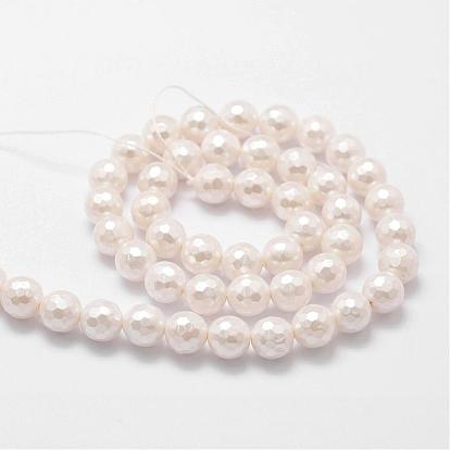 Shell Pearl Bead Strands, Grade A, Faceted Round