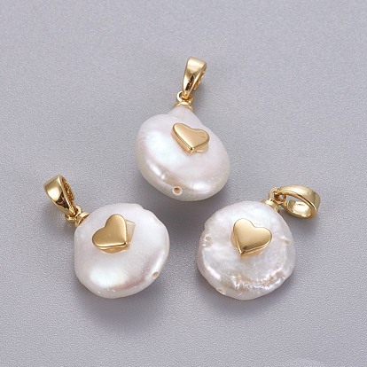 Pendentifs de perles d'eau douce de culture naturelle, avec les accessoires en laiton, pépites avec le coeur, plaqué longue durée
