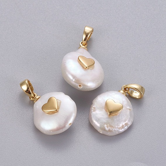 Natural Cultured Freshwater Pearl Pendants, with Brass Findings, Nuggets with Heart, Long-Lasting Plated