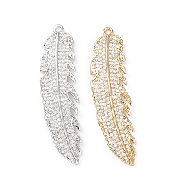 Rack Plating Brass Micro Pave Clear Cubic Zirconia Big Pendants, Feather Charms, Long-Lasting Plated, Cadmium Free & Lead Free