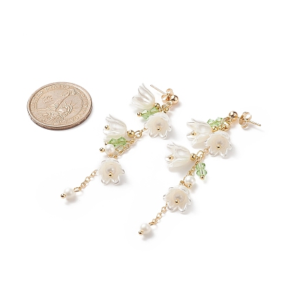 Flor de plástico ABS con pendientes colgantes con cuentas de perlas de concha, 304 aretes colgantes de borla larga de acero inoxidable para mujer