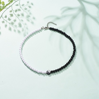 Collier de perles rondes en argile polymère yin yang et acrylique pour femme