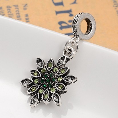 Flower Alloy Rhinestone European Dangle Charms, 36mm, Hole: 5mm