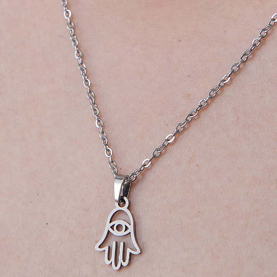 201 Stainless Steel Hamsa Hand with Evil Eye Pendant Necklace