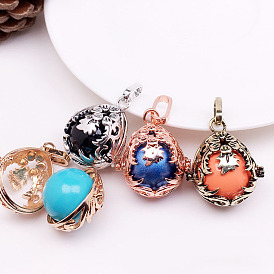 Brass Bead Cage Pendants, for Chime Ball Pendant Necklaces Making, Hollow Teardrop with Flower Charm