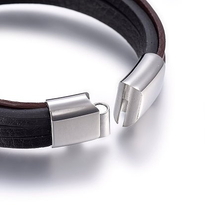 Cordon en cuir bracelets multi-brins, avec 304 fermoirs magnétiques en acier inoxydable, rectangle