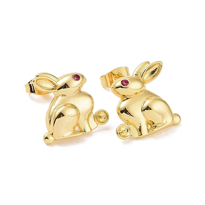 Brass Micro Pave Cubic Zirconia Stud Earring Findings, with 925 Sterling Silver Pins, for Half Drilled Bead, Rabbit