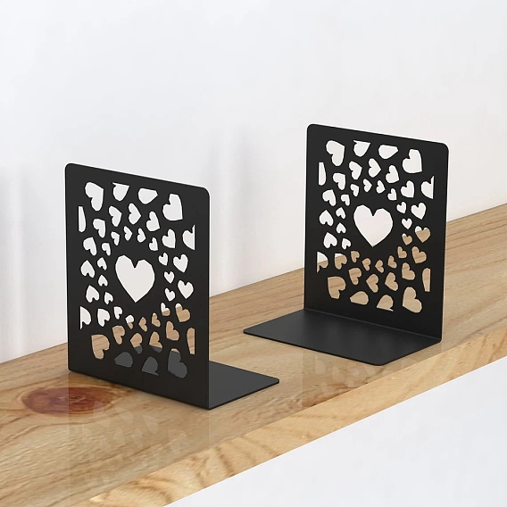 2 soportes de exhibición de sujetalibros de arte de hierro antideslizantes con forma de corazón, Tapón de libro de metal resistente de escritorio para estantes