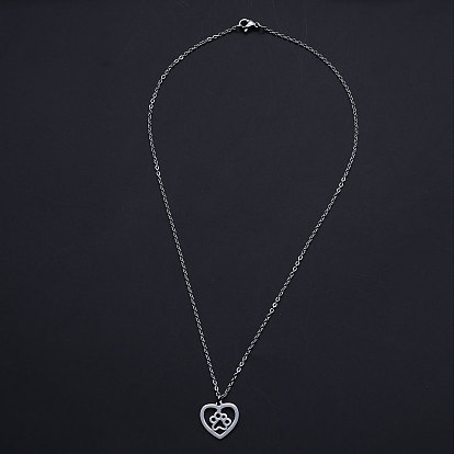 201 Stainless Steel Pendant Necklaces, with Cable Chains and Lobster Claw Clasps, Heart with Dog Paw Prints