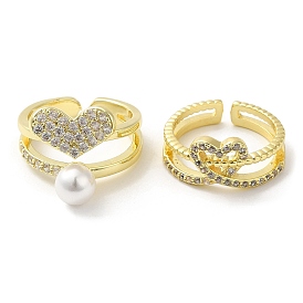 Heart Brass Micro Pave Cubic Zirconia Open Cuff Ring for Women, with Plastic Imitation Pearl Beaded