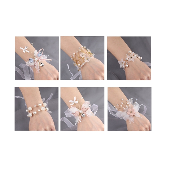 Corsage de poignet en tissu de soie, avec des perles de perles en plastique, pour la mariée ou la demoiselle d'honneur, mariage, décorations de fête, blanc
