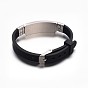 Jewelry Black Color Rubber Cord Bracelets, with 304 Stainless Steel Findings and Watch Band Clasps, Rectangle, 215x10mm