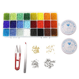 DIY Stretch Jewelry Sets Kits, Including Glass Seed Beads, Stainless Steel Needles & Scissors & Beading Tweezers & Lobster Claw Clasps, Alloy & Iron Spacer Beads