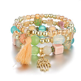 Bracelet à breloques bohème avec pompon, chaîne à main en perles multicouches pour femmes