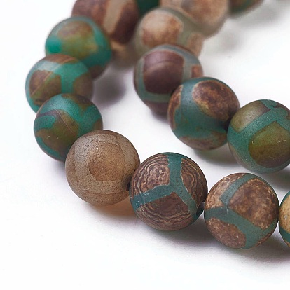Tibetan Style Turtle Back Pattern dZi Beads Strands, Natural & Dyed Agate Beads, Matte Style, Round