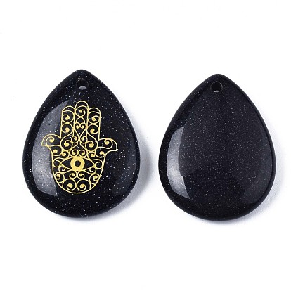 Natural & Synthetic Gemstone Pendants, Teardrop with Hamsa Hand Pattern
