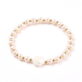 Bracelets de perles extensibles en perles naturelles, avec des perles en laiton plaqué or et des perles en coquillage naturel fleur
