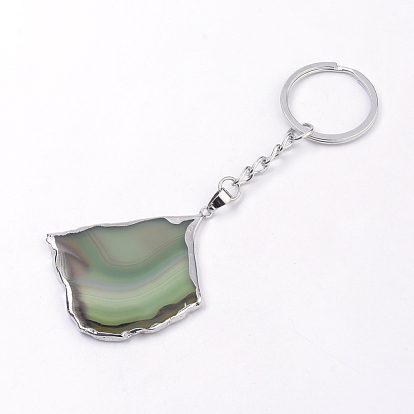 Porte-clés en agate naturelle plaqué platine, avec les accessoires en fer, nuggets, couleur mixte
