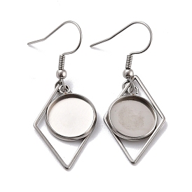 201 Stainless Steel Earring Hooks, with Rhombus Blank Pendant Trays, Flat Round Setting for Cabochon
