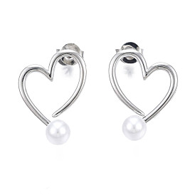 Brass Open Heart Stud Earrings with ABS Plastic Pearl for Women, Nickel Free