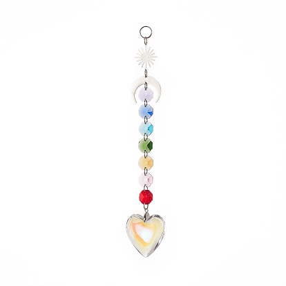 Electroplate Glass Heart Window Hanging Suncatchers, Brass Sun & Moon and Glass Octagon Beads Pendants Decorations Ornaments