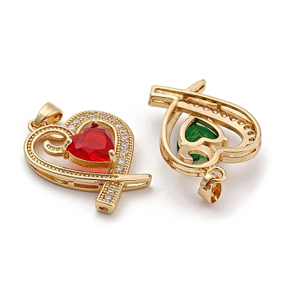Brass Rhinestone Pendants, with Glass, Golden Tone Heart Charms