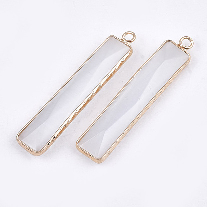 Cat Eye Pendants, with Brass Findings, Faceted, Rectangle, Golden