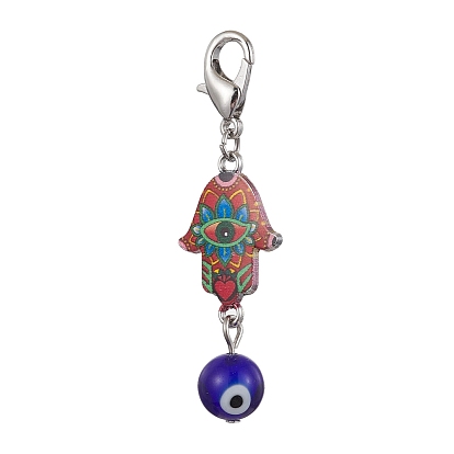 Hamsa Hand with Evil Eye Alloy Enamel & Lampwork Pendant Decorations, with Alloy Lobster Claw Clasps