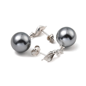 Shell Pearl Round Dangle Stud Earrings with Cubic Zirconia, Rhodium Plated 925 Sterling Silver Earrings, with 925 Stamp