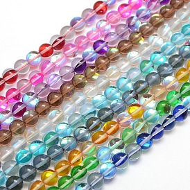 Brins synthétiques de perles de lune, teint, perles holographiques, demi couleur ab plaqué, ronde