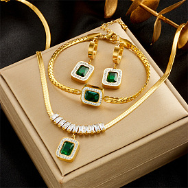 Grand-mère pendentif carré vert ensemble de bijoux de luxe avec zircone pour femmes