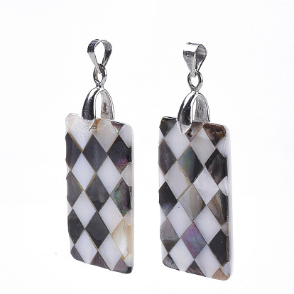 Single-Sided Natural Black Lip Shell and White Shell Pendants, with Platinum Plated Random Brass Pendant Bails and Freshwater Shell, Rectangle