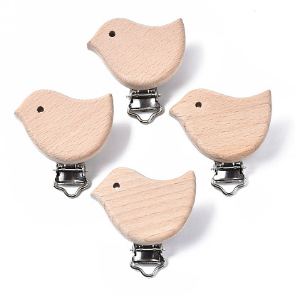Beech Wood Baby Pacifier Holder Clips, with Iron Clips, Bird, Platinum