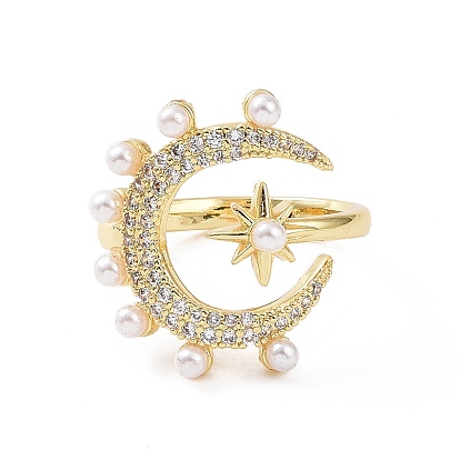 Brass Micro Pave Cubic Zirconia Open Rings, Moon & Star with Plastic Imitation Pearl Cuff Rings for Women
