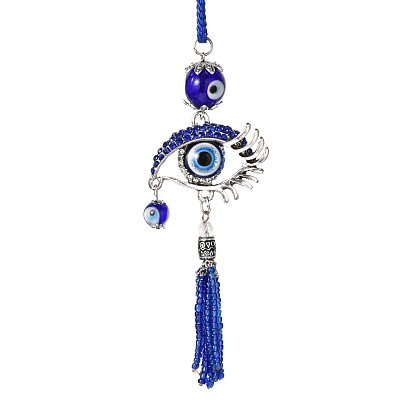 Car Hanging Alloy Glass Rhinestone Big Pendant Decorations, with Resin Beads, Polyester Cord, Iron Findings, Evil Eye