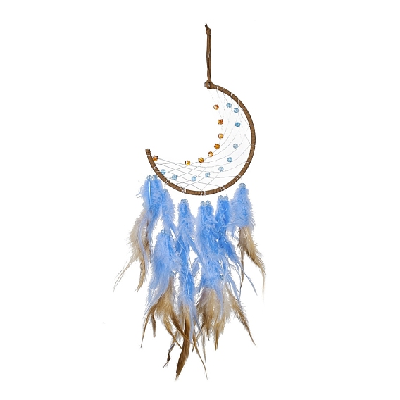 Iron Woven Web/Net with Feather Pendant Decorations, with Plastic Beads, Covered with Leather Cord, Moon