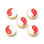 Perles d'émail d'alliage de placage de support, plat rond avec motif yin yang, or