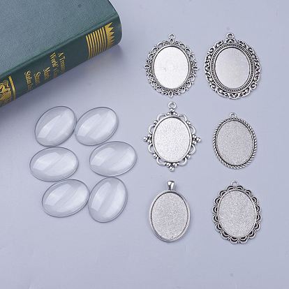 DIY Pendant Making, Tibetan Style Alloy Pendant Cabochon Settings and Oval Transparent Clear Glass Cabochons